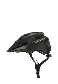 Schwarz glänzender Mountainbike-Helm mit Belüftungsöffnungen, verstellbaren Riemen und matter Oberfläche. Mit dem Markenlogo "ENDURANCE" auf der Seite.
