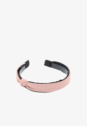 Hoofdband met een zachte roze stof bedekking, met een geknoopte detail en een zwarte binnenvoering. Gemaakt van een flexibele plastic basis voor comfort.