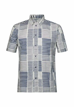 Chemise à manches courtes avec des boutons, de couleur blanche, ornée d'un motif à rayures bleu marine. Dotée d'un col classique et de boutons sur le devant, elle est associée à un short rose clair.