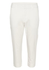Pantalon blanc court avec une texture lisse, doté d'une ceinture plate, de poches avant et d'ourlets repliés. Design simple adapté à diverses occasions.