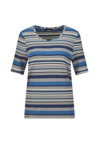 Korte mouwen, ronde hals t-shirt met horizontale strepen in verschillende tinten blauw, grijs en zwart, gemaakt van zachte, lichte stof.