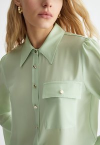 Blusa trasparente verde chiaro con colletto a punta, bottoni dorati e tasca sul petto. Maniche lunghe arricciate sulle spalle.