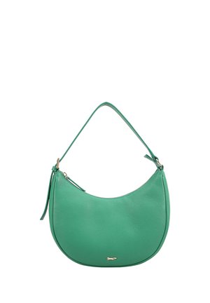 Sac à main en cuir vert avec une seule bandoulière, forme incurvée, fermeture éclair et petit logo animal argenté au centre avant.