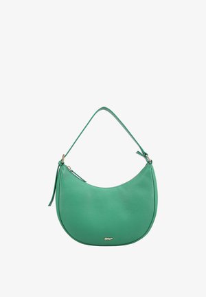 Groene leren handtas met enkele band, gebogen vorm, ritssluiting en klein zilveren dierenlogo middenvoor.