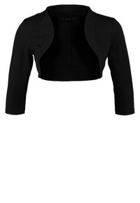 Svart kort jacka i elastiskt material med kragefri design och trekvartsärmar. Slät textur utan synliga knäppningar.