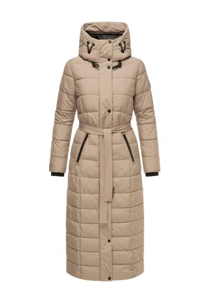 Beige lang puffer coat med bælte i taljen, hætte og sorte lynlåslommer; polstret tekstur, knaplukning og elastiske manchetter.