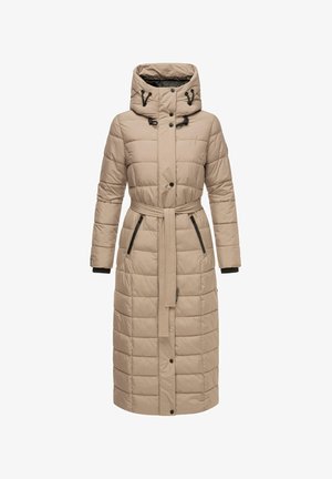 Beige long puffer coat with a belted waist, hood, and black zipper pockets; padded texture, button closure, and elastic cuffs.