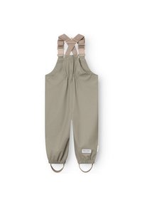 Salopette imperméable beige pour enfants avec bretelles croisées réglables et poignets élastiques munis de lanières pour les pieds.