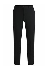 Pantaloni neri su misura con una texture liscia, design a gamba dritta, dettagli delle tasche anteriori e chiusura a singolo bottone.