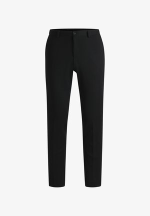 Black tailored trousers with a smooth texture, straight leg design, front pocket detail, and a single button closure.