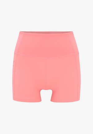 Kõrge vöökohaga korallroosa spordilühikesed püksid, mis on valmistatud venivast kangast, omavad sujuvat disaini ja kerget lõiget reie piirkonnas.