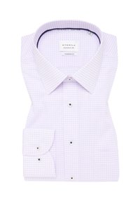 Lichtpaarse geblokte shirt met een moderne pasvorm, gemaakt van katoen. Bevat een puntige kraag en contrasterende knoopdetails op de manchetten.