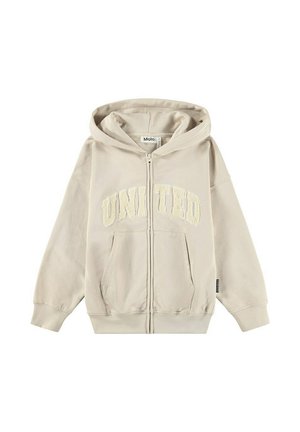 Beige hættetrøje med lynlås, frontlommer, tekstureret "UNITED" tekst tværs over brystet og tilhæftet hætte.