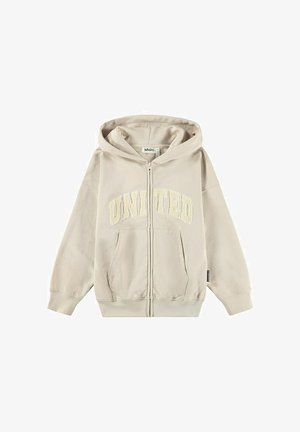Sweat à capuche beige zippé avec poches avant, texte texturé "UNITED" sur la poitrine et capuche attachée.