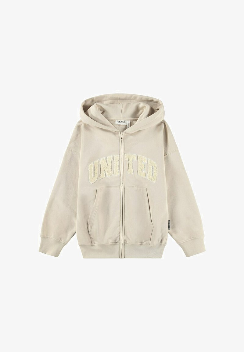 Beige capuchonvest met ritssluiting, voorzakken, getextureerde "UNITED" tekst over de borst en een aangehechte kap.