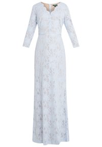 Långärmad, golvlång klänning i ljusblått spets med blommönster; har en scalloped halsringning och dragkedja bak.