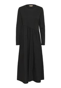 Fekete hosszú ujjú ruha, amelynek szabott felső része és rakott szoknyája van. Puha anyagból készült, sima textúrával; egyszerű, minimalista dizájn.