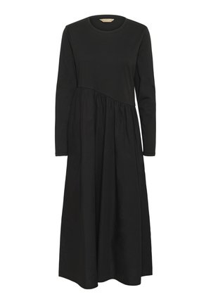 Robe noire à manches longues avec un haut cintré et une jupe froncée. Fabriquée en tissu doux avec une texture lisse ; design simple et minimaliste.