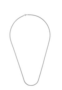 Collana in argento caratterizzata da un design sottile, piatto e flessibile con una texture liscia. La catena presenta una larghezza uniforme ed è dotata di un gancio sicuro.