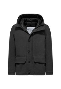 Giubbotto nero isolato con cappuccio, chiusura a bottoni e due tasche frontali. Tessuto strutturato con motivo cucito. Rivestimento visibile all'interno.