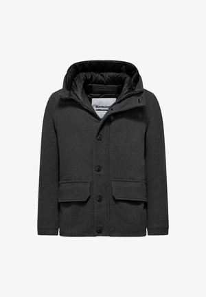 Giubbotto nero isolato con cappuccio, chiusura a bottoni e due tasche frontali. Tessuto strutturato con motivo cucito. Rivestimento visibile all'interno.