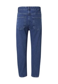 Jean en denim bleu foncé montrant le dos avec deux grandes poches et des passants pour ceinture, coupe droite, sans logos de marque visibles.