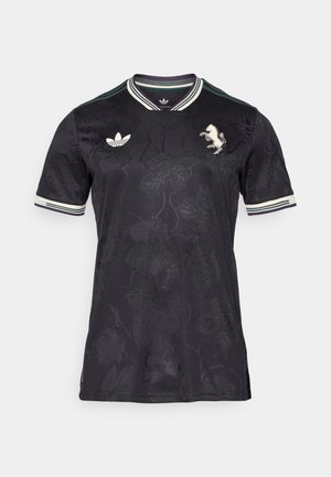 Black sports jersey with a textured floral pattern, featuring a crew neck, short sleeves, and white accents. Adidas logo on the left chest.