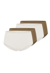 Hochgeschnittenes Unterwäscheset mit zwei beigen und einem braunen Paar. Aus weichem Stoff mit nahtlosen Kanten für zusätzlichen Komfort.