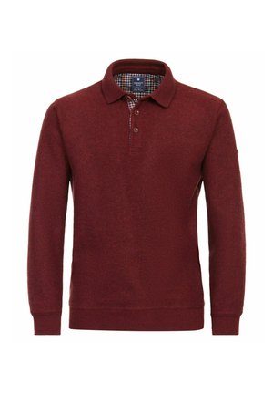 Burgundowa dzianinowa koszulka polo z długim rękawem, z zapięciem na dwa guziki oraz kratkowanym wykończeniem wewnętrznego kołnierzyka. Miękka faktura i dopasowany krój.