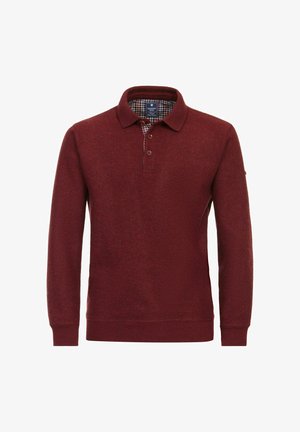 Burgundowa dzianinowa koszulka polo z długim rękawem, z zapięciem na dwa guziki oraz kratkowanym wykończeniem wewnętrznego kołnierzyka. Miękka faktura i dopasowany krój.