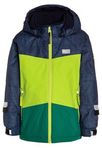 Giacca invernale per bambini con cappuccio, spalle e maniche blu navy, petto verde lime e parte inferiore verde scuro, chiusura con zip frontale.