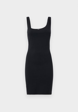 Figurbetontes schwarzes Kleid mit quadratischem Ausschnitt, breiten Trägern und glatter Textur, entworfen für eine schlanke Silhouette.