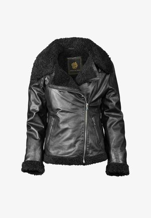 Schwarze Lederjacke mit einem weichen, strukturierten schwarzen Schafslederkragen und -manschetten. Verfügt über einen asymmetrischen Reißverschluss und zwei Vorderaschen.