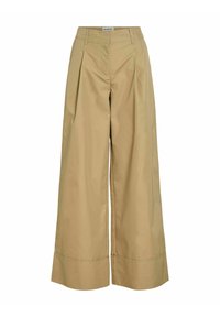 Beige vide bukser med frontfolder, en glat tekstur og en kortet nederdel. Funktionen inkluderer en skjult lynlås og bæltestropper.