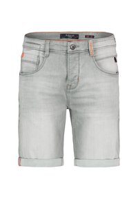 Hellgraue Denim-Shorts mit umgeschlagenen Säumen, orangefarbigen N�ähakzenten, Fünf-Pocket-Design und Knopfverschluss. Größe 32 auf dem Etikett angegeben.
