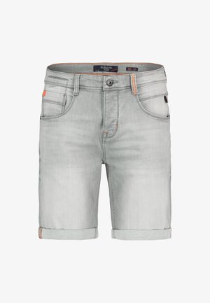 Light grey denim shorts with rolled cuffs, orange stitching accents, five-pocket design, and a button closure. Size 32 indicated on the label.