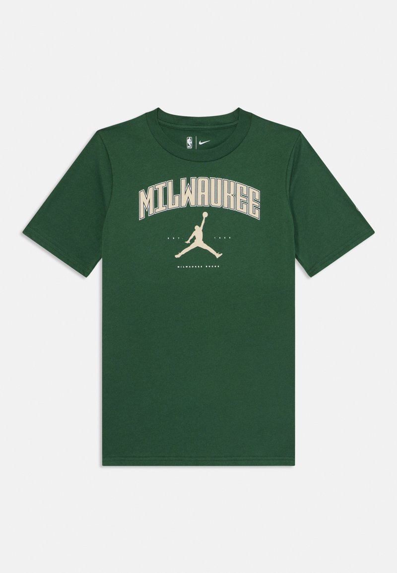 Green short-sleeve t-shirt made of cotton, featuring "MILWAUKEE" in cream above a jumping figure logo, with a crew neck design.