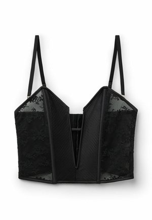 Schwarzes Spitzen-Bustier mit verstellbaren dünnen Trägern und tiefem V-Ausschnitt, mit floralen Spitzenpartien und strukturierten vertikalen Nähten.