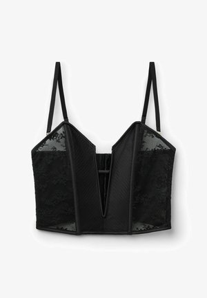 Schwarzes Spitzen-Bustier mit verstellbaren dünnen Trägern und tiefem V-Ausschnitt, mit floralen Spitzenpartien und strukturierten vertikalen Nähten.