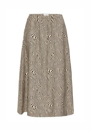 Pruun ja beež seelik, millel on laineline riba muster, elastne vöökoht, põlvepikkune disain ja pehme, kerge materjal.