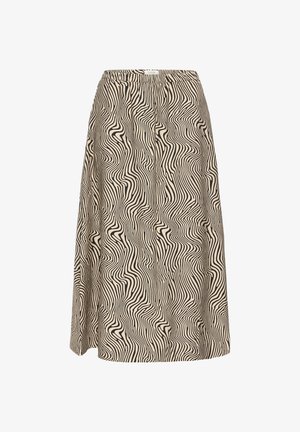 Jupe marron et beige avec un motif à rayures ondulées, taille élastique, longueur genoux et en matière douce et légère.