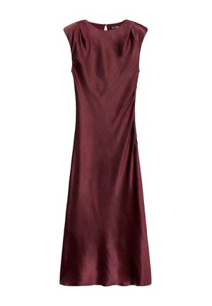 Sleeveless burgundy midi dress with side ruching and a small back button closure at the neckline.