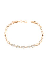 Braccialetto color oro rosa con pietre ovali di pietra di luna intervallate da piccoli cristalli trasparenti, collegato da forme metalliche ornate.