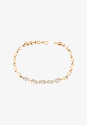 Rózsaarany karkötő ovális holdkő kövekkel, amelyeket apró, tiszta kristályok szakítanak meg, és díszes fémformák kapcsolják össze.