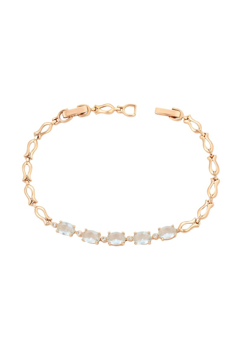 Braccialetto color oro rosa con pietre ovali di pietra di luna intervallate da piccoli cristalli trasparenti, collegato da forme metalliche ornate.