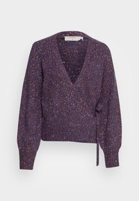 Fioletowy sweter kopertowy z głębokim dekoltem w serek, długimi rękawami, prążkowaną fakturą i wielokolorowymi drobinkami. Zawiązywany elegancko z boku.