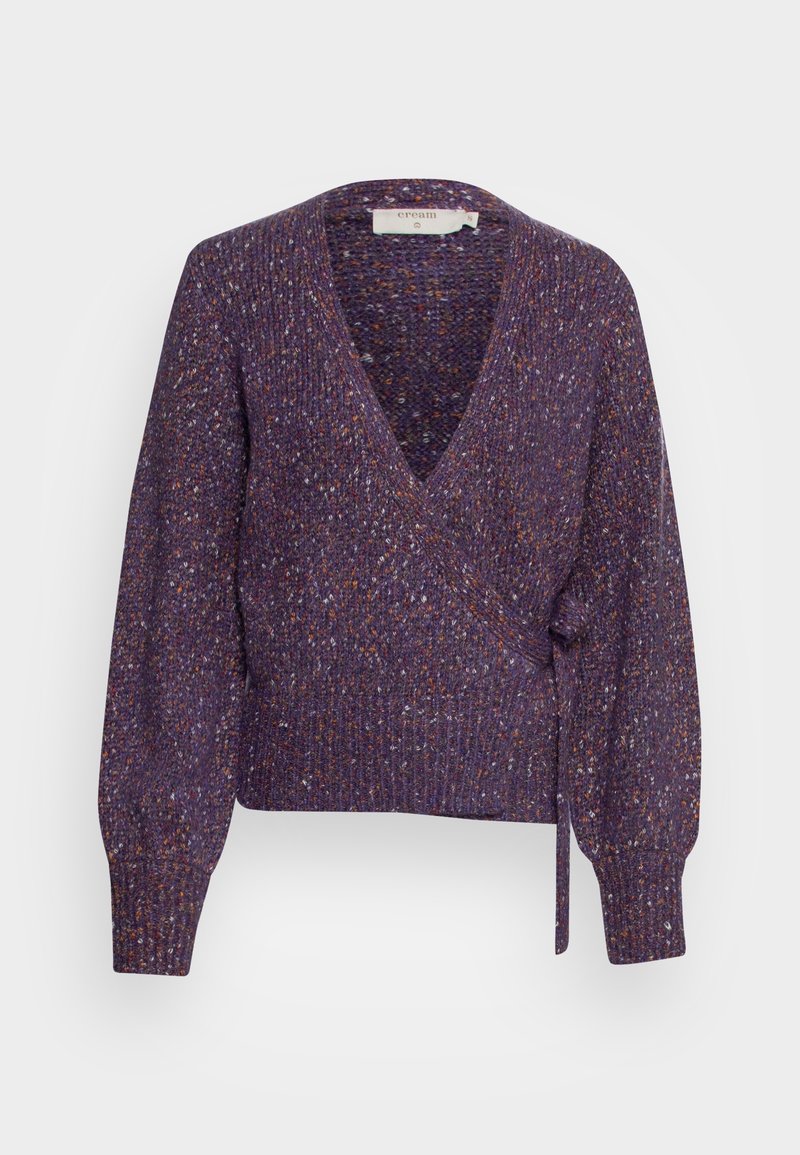 Fioletowy sweter kopertowy z głębokim dekoltem w serek, długimi rękawami, prążkowaną fakturą i wielokolorowymi drobinkami. Zawiązywany elegancko z boku.