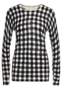 Schwarz-weißer karierten Pullover mit Rundhalsausschnitt, langen Ärmeln und einem weichen, strukturierten Stoff.