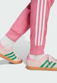 Svetlo ružové semišové tenisky so zelenými pruhmi, nasadené na ružové teplákové nohavice s bielymi bočnými pruhmi a rebrovanými manžetami. Viditeľné biele ponožky.