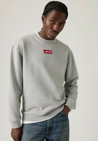 Sweatshirt gris avec des poignets côtelés, col rond et un patch logo rouge de Levi's sur la poitrine. Porté avec un jean en denim bleu.